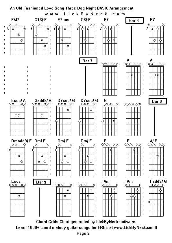 Chord Grids Chart of chord melody fingerstyle guitar song-An Old Fashioned Love Song-Three Dog Night-BASIC Arrangement,generated by LickByNeck software.